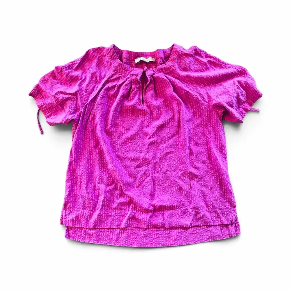 LOFT Women’s Large magenta Textured Blouse Puff Sleeve Ruched Tie Keyhole Top